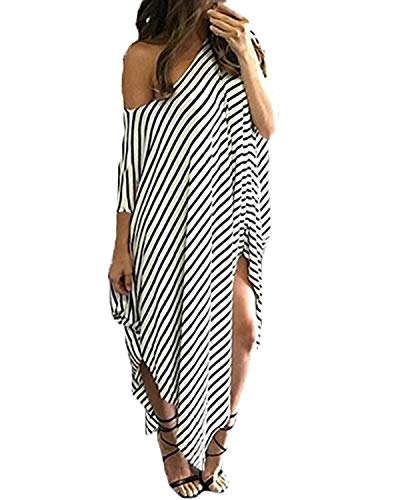 Kidsform Women Maxi Dress Striped Long Dresses Casual Loose Kaftan Oversized Round Neck Sundress