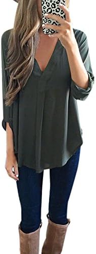 Milazer Women Long Sleeve V Neck Chiffon Blouse Shirt Tops (L, Green)