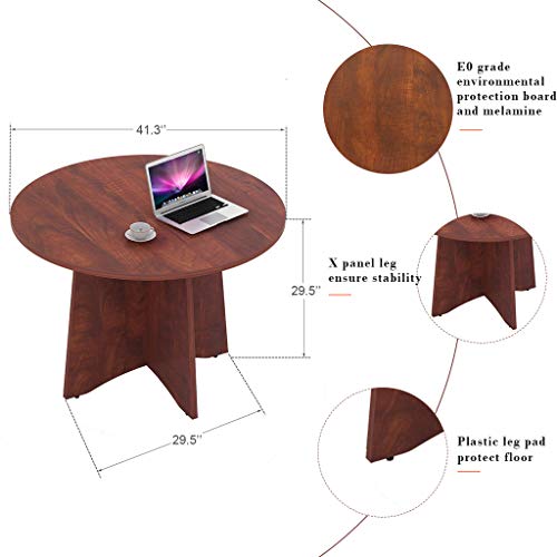 Sunon 41.3'' Dia Round Conference Table with X-Shaped Wood Panel Small Dining Table (Cherry)