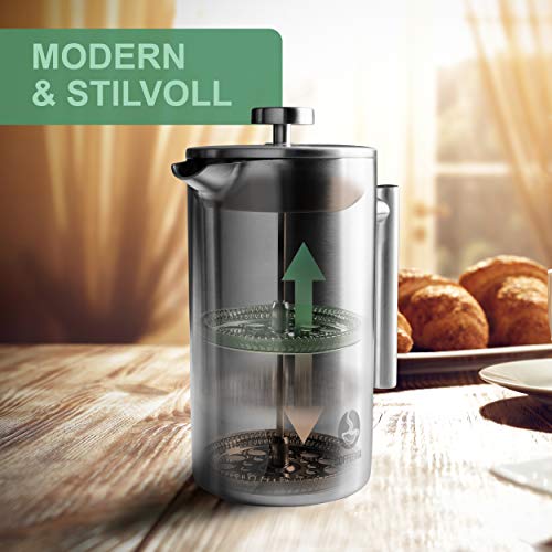 Coffeema® Premium French Press 1 Liter – Hochwertiger Kaffeebereiter – Inklusive Zubehör – Moderne Stahloptik (Edelstahl… – Bild 5
