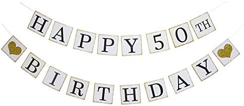 Happy 50th Birthday Banner - Gold Glitter Heart for 50 Years Birthday Party Decoration Bunting White