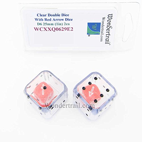 Clear Double Dice with Red Arrow Dice Inside Clear D6 Aprox 25mm (1in) Pack of 2 Wondertrail