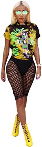 Womens Sexy 2 Pieces Printed Hip Hop Punk Prinetd T-Shirts Tops Bodycon Fishnet Shorts Party Clubwear Set (S, Yellow)