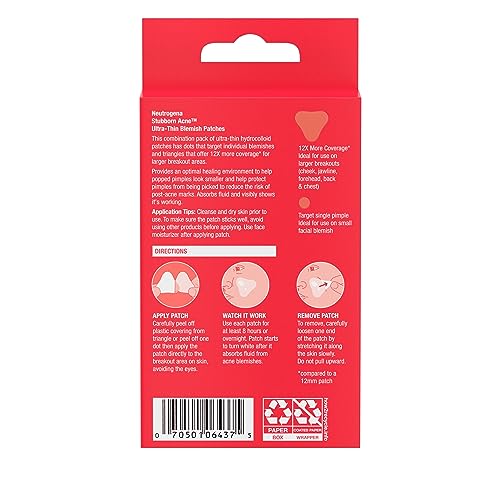 NEUTROGENA STUBBORN ACNE BLEMISH PATCHES COMBINATION PACK, ULTRA-THIN HYDROCOLLOID ACNE PATCH ABSORBS FLUIDS & REMOVES IMPURITIES TO HELP PIMPLES LOOK SMALLER, 2 SIZES, 16 PATCHES