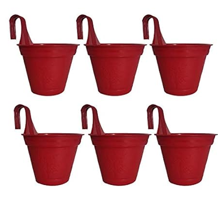 Synergy Plast Hanging Planters for Plants Railing Flower Pots, Balcony Railing Vertical Hook for Home Gardening (Set of 6, Burgandy)