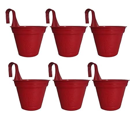 Synergy Plast Hanging Planters for Plants Railing Flower Pots, Balcony Railing Vertical Hook for Home Gardening (Set of 6, Burgandy)