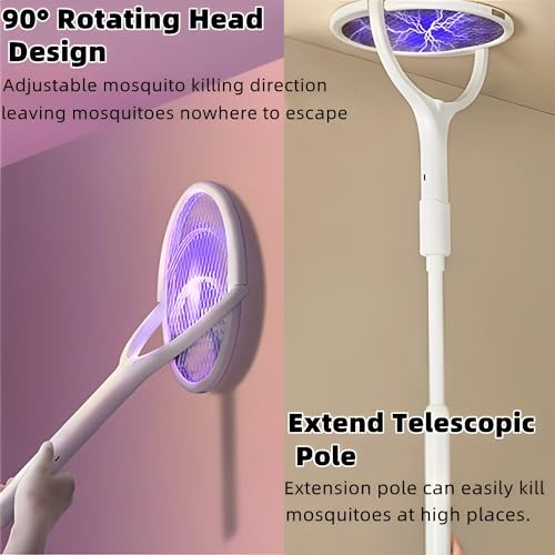 Beauenty Electric Fly Swatter,3500V Rotating Head Rechargeable Fly Swatter with Telescopic Extension,1200mAh Fly Trap Mosquito Zapper with Base and Wall Mount for Mosquitos,Gnats,Moths,Fruit Flies