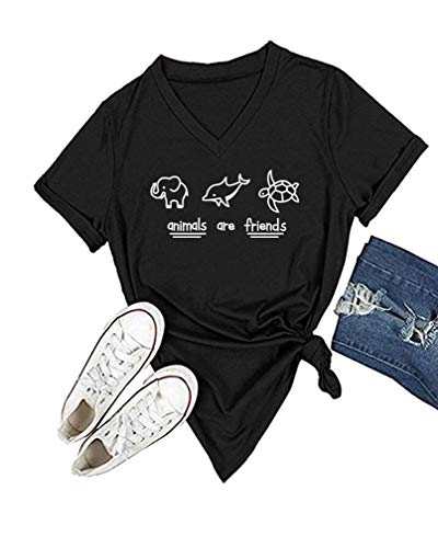 DANVOUY Women's V Neck T Shirt Letter Print Short Sleeve Graphic Tops Tees Black Small