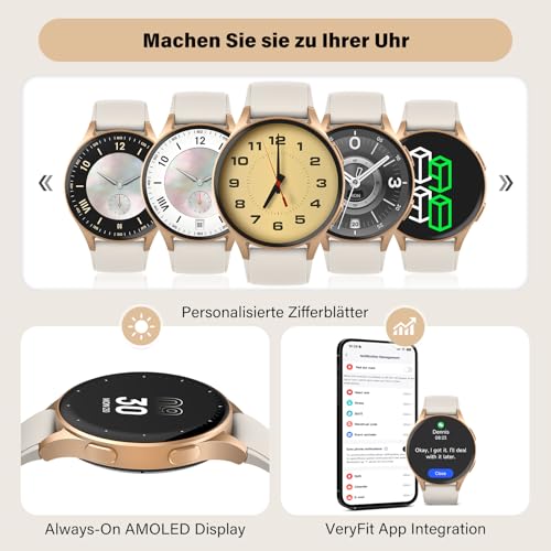 QIPOPC Smartwatch Damen Gold mit Telefonfunktion, 1.32" AMOLED Display Elegant, Fitness Uhr mit Alexa & GPS, SpO2/Puls/Zyklustracking, 5ATM Wasserdicht, Schrittzähler Uhr für Android iOS