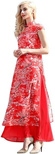 Yiyuan Lau Spe cial Designed Cheongsam Neck Buckle Decorated Short Sleeve Plus Women Maxi Dress S-3XL (X-Large)