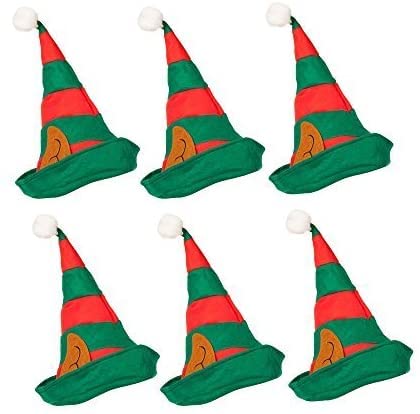 Dreamzfit 6 Pack Christmas Elf Hat with Ears - Santa's Helper Novelty Xmas Party Hat for Adults, Unisex Festive Costume for Office Party, Secret Santa Gift