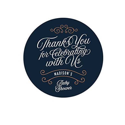 Andaz Press Navy Blue Art Deco Vintage Party Baby Shower Collection, Personalized Round Circle Label Stickers, Thank You for Celebrating With Us, 40-Pack, Madison's Baby Shower Custom Name
