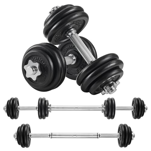 SONGMICS 2-in-1-Hanteln, 2 x 15 kg Hantelset aus Gusseisen, verstellbar, Kurzhantelset mit Verbindungsrohr, Workout, Gewichtheben für Zuhause, Fitness