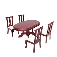 Hoolick 1/12 Tiny Exquisite Red Wooden Color Dining Table Chair Set Model Miniature Furniture Dollhouse Accessories