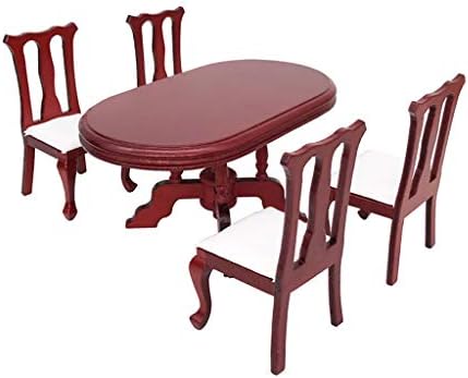 CHIKAN The New 1:12 Dollhouse Furniture Set 5 Pcs Exquisite Red Wooden Color Dining Table Chair Set Simulation Dolls' House Accessories Living Room For Kids Children's Gift Pretend Toy