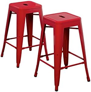 Target Marketing Systems Ultra Modern Stackable Metal Counter Stool, Armless and Backless, Set of 2, With Splayed Legs, 24", Red