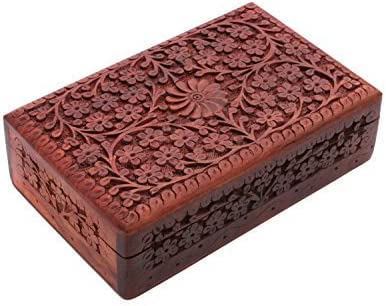 Ajuny Handmade Wooden Jewellery Box for Women - Vintage Hand Carved Floral Design Storage Box Retro Mini Travel Jewelry Storage Case Organizer Multipurpose Keepsake Holder Watch Box Gift Box 8x5 Inch