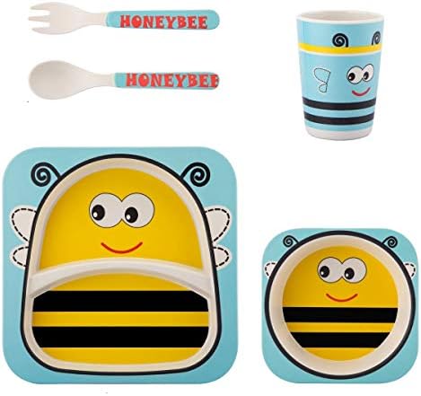 Hapsters Bamboo Fibre BPA Free Non Toxic 5pcs Tableware Fun Cartoon Dinner Set for Kids (Yellow Bee)