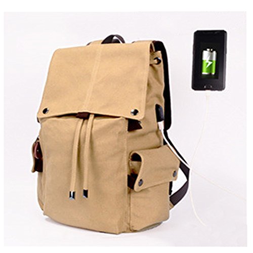 MiCoolker Canvas Casual Computer Laptop Backpack fits 17 inch Laptop and Notebook Unisex Schoolbag College Student Daypack with USB Charging Port Khaki