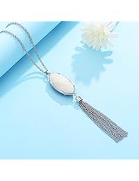 Colgante Huimei, con dos piedras de colores, forma ovalada, reversible, con borla