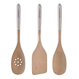 Typhoon Living Beech 3-piece Utensil Set, Putty, Includes A Slotted Spoon, Solid Spoon And Turner, Durable Beechwood Ideal For Non-stick Cookware, Color-dipped Handles, Hanging Loops For Easy Storage