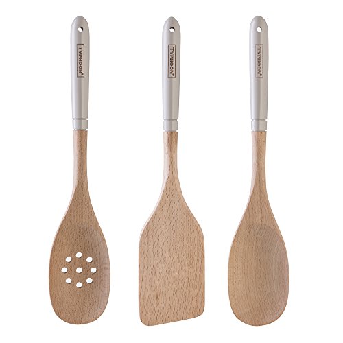 Typhoon Living Beech 3-piece Utensil Set, Putty, Includes A Slotted Spoon, Solid Spoon And Turner, Durable Beechwood Ideal For Non-stick Cookware, Color-dipped Handles, Hanging Loops For Easy Storage