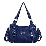 Angelkiss 2 Top Zippers Large capacity Handbags Washed Leather Purses Shoulder Bags AK19244/2 (blue)