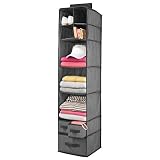 mDesign Soft Fabric Over Closet Rod Hanging Storage Organizer with 7 Shelves and 3 Removable Drawers for Clothes, Leggings, Lingerie, T Shirts - Textured Print with Solid Trim - Charcoal Gray/Black