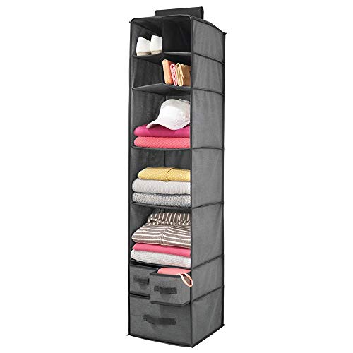 mDesign Soft Fabric Over Closet Rod Hanging Storage Organizer with 7 Shelves and 3 Removable Drawers for Clothes, Leggings, Lingerie, T Shirts - Textured Print with Solid Trim - Charcoal Gray/Black