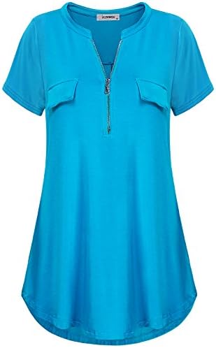 Finice Women's Zip V Neck Short Sleeve/Sleeveless Casual Blouse Tunic Shirt