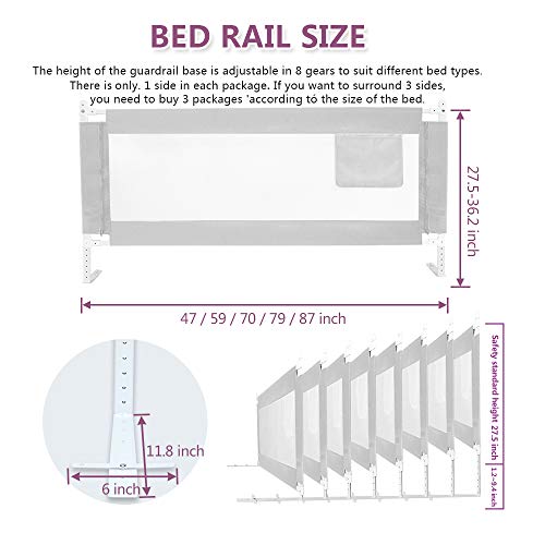 SURPCOS Bed Rails for Toddlers - 60" 70" 80" Extra Long Baby Bed Rail Guard for Kids Twin, Double, Full Size Queen & King Mattress (Gray) (1Side: 76''(L) X30''(H))