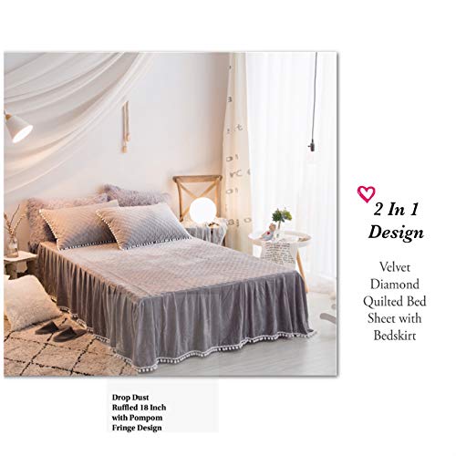 MooWoo 4PCS Shaggy Bedding Sets, 1 Velvet Flannel Duvet Cover + 1 Quilted Ruffle Bed Sheet Skirt + 2 Pompoms Fringe Pillow Sham, Zipper Closure Velvet Bedding Sets (Gray, Full)