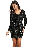 Meaneor Women's Sequin V-Neck Long Sleeve Bodycon Sheath Dress, Medium, Black