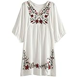 Yaketera Women Mexican Embroidered Peasant V Neck Mexican Tops Blouses