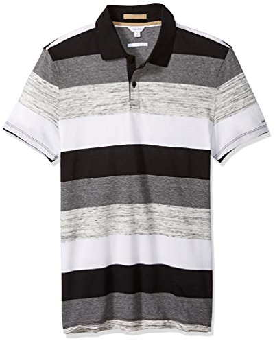 Calvin Klein Men's Slim Fit Short Sleeve Engineered Bar Stripe Polo Shirt, Black Combo, LARGE