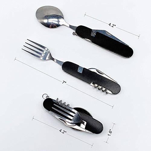 6-in-1 Multi-Function Camping Flatware Utensil Folding Knife Cutlery Detachable Pocket Kits with Carrying Pouch (2 Packs: Black + Green)