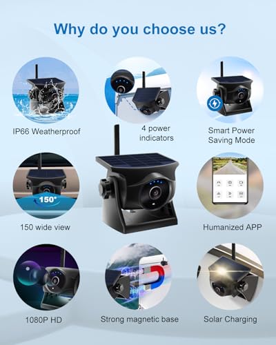 1080P Solar Magnetic WiFi Backup Camera,Wireless Hitch Camera with Night Vision, 365-Day Standby, Rechargeable Battery, Low Power Consumption,Rear Front View for RV, Trailer, Car for Phone Pad Android
