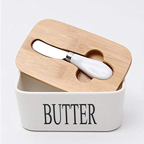 Ceramic Butter Dish With Bamboo Lid, 6 Inch Butter Keeper Container With Butter Knife Food Storage Candy Box Baking Dish.