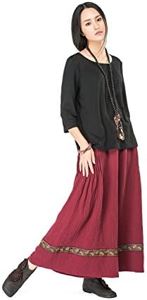 JIQIUGUER Women's Patchwork Elastic Waist Linen Cotton Wide Leg Pants Dark Red S