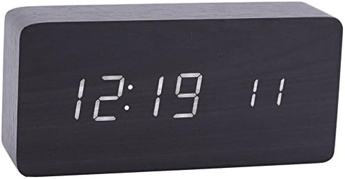 Travel Alarm Clock, Aibrou 45*70*150mm Cube Wooden Style Mini LED Alarm Clock Bedside Clock with Acoustic Control Thermometer Calendar Function / Black