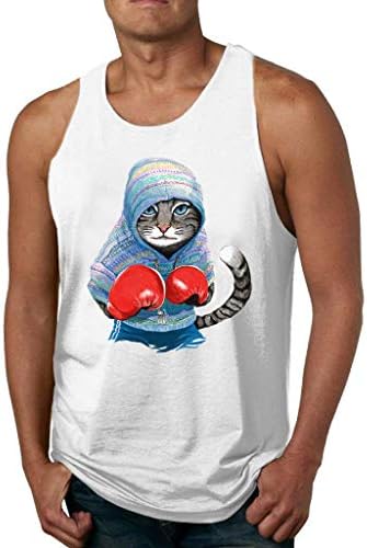 Xlala Men Vest Boxing Cat Printing Sleeveless Loose Crop Tops Slim Fit Tank Simple Basis Casual Tops Sports Fitness Blouse Personality T Shirt