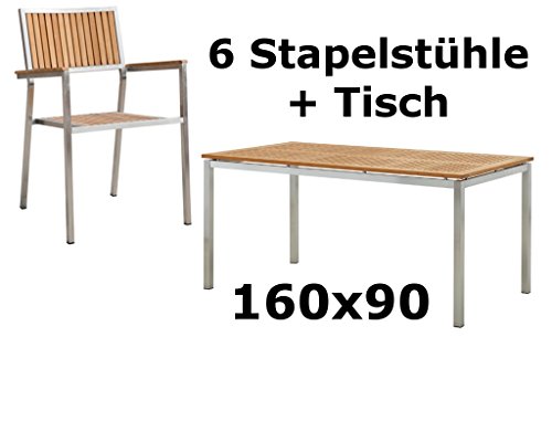 ALEOS. Gartengarnitur Edelstahl Teak Se: Tisch 160x90 cm + 6 Teak Sessel Serie Kuba A-Grade Teak Holz Serie Kuba Gastroqualität – Bild 3