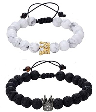 Couple Bracelets Long Distance Relationship Crown Queen and King Bracelet for Love Infinity Labradorite and Black Agate Gemstone His and Hers Bracelets (2pcs)