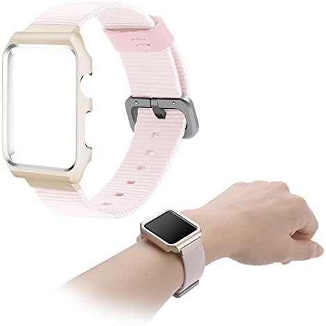 LOYUT Watch Band Nylon Replacement Band＋Metal Watch Case Protective Cover for Apple Watch Series 3 Series 2 Series 1 Edition (Nylon band with gold case, 42)