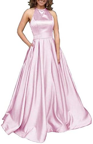 Prom Dresses Long Halter Satin Beaded Backless Evening Formal Gowns with Pockets for Women