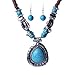 Qiyun Tibet Silver Blue Turquoise Stone Pendant Wooden Beaded Necklace Earrings Set