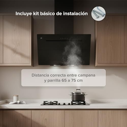 AVERA Campana para cocina de pared 90 cm, Diseño tipo pantalla, 3 velocidades, Filtros de malla metálicosy carbón activado, Acero inoxidable y vidrio templado, Control WIFI y panel digital | CEV90C