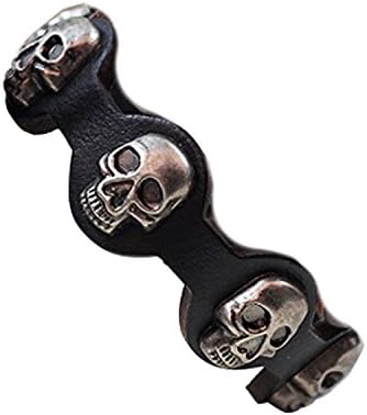 ️ Black 5 Skull Bone Leather Bracelet Fits 7 or 8-inch Biker Snap-on Punk Goth Fashion