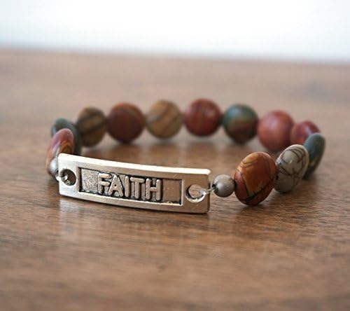 Gemstone Stretch Bracelet featuring Red Creek Jasper beads and a silver or brass faith link