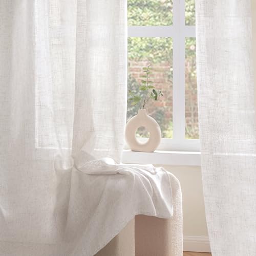 Woaboy Linen Curtains Translucent Net Curtains with Eyelets Modern Decorative for Living Room, Window, Bedroom, 2 Pieces, 140 x 245 cm, White Bleached